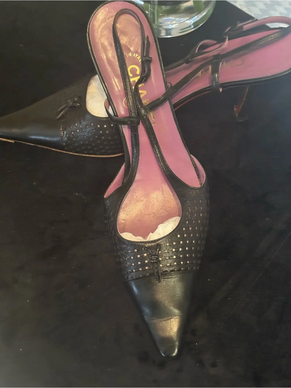 CHANEL Black Leather Pointed Slingback Heels with Pink Insole